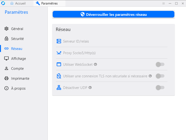 Paramètres réseau RustDesk avec le bouton Déverrouiller les paramètres réseau